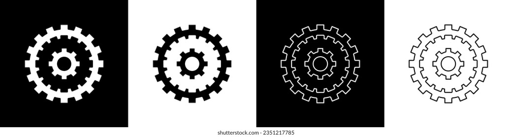 Set Bicycle cassette mountain bike icon isolated on black and white background. Rear Bicycle Sprocket. Chainring crankset with chain.  Vector