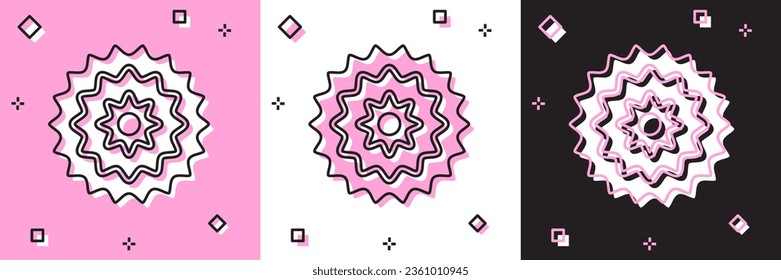 Set Bicycle cassette mountain bike icon isolated on pink and white, black background. Rear Bicycle Sprocket. Chainring crankset with chain.  Vector