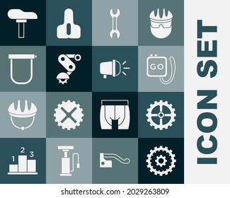 Set Bicycle cassette, sprocket crank, Stopwatch, Wrench spanner, Derailleur bicycle rear, lock, seat and head lamp icon. Vector