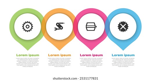 Definir cassete de bicicleta, canivete suíço, pedal e roda dentada. Modelo de infográfico comercial. Vetor