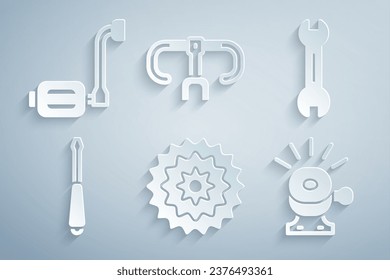 Set Bicycle cassette, Wrench spanner, Screwdriver, bell, handlebar and pedal icon. Vector