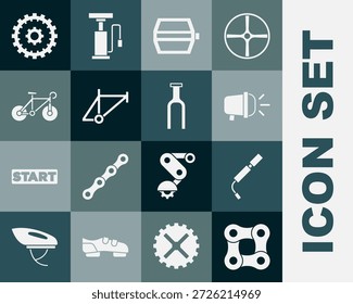 Conjunto de cadena de bicicleta, bomba de aire, lámpara de cabeza, pedal, marco, cassette e icono de la horquilla. Vector