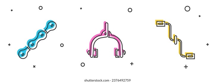 Set Bicycle chain, brake calipers and pedals icon. Vector