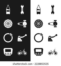 Set Bicycle chain with gear, cassette, Sport bottle water, Wrench spanner, brake disc, and speedometer icon. Vector