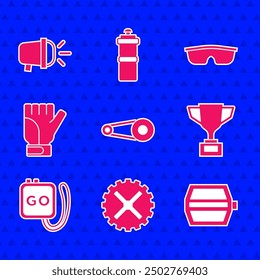 Set Fahrradkette mit Zahnrad, Kettenrad, Pedal, Award Cup Fahrrad, Stoppuhr, Handschuhe, Sport Fahrrad Sonnenbrille und Scheinwerfersymbol. Vektorgrafik