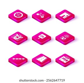 Set Bicycle chain, lane, Hiking backpack, parking, repair service, Cycling shorts and  icon. Vector