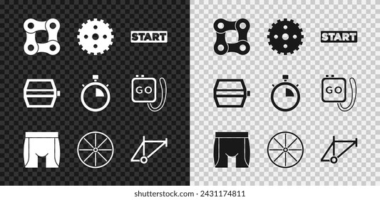 Set Bicycle chain, sprocket crank, Ribbon finishing line, Cycling shorts, wheel, frame, pedal and Stopwatch icon. Vector