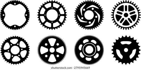 Set of bicycle chainring and gear sprocket silhouettes