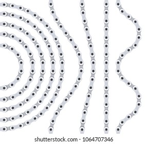 Set of bicycle chains. Curved, wavy, arcing straight repeatable motorcycle chain segments. Vector realistic illustration.