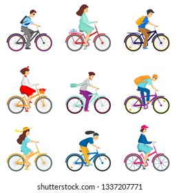 Set of bicycle cyclists riding bikes isolated on white background