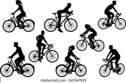 A set of bicycle cyclists riding their bikes in silhouette 