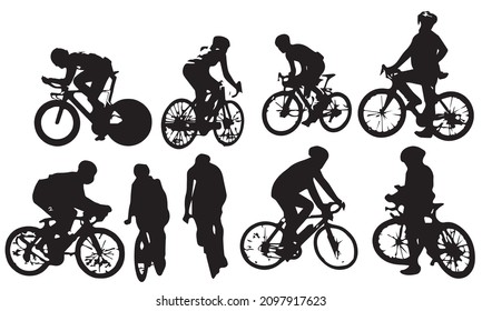 A set of bicycle cyclists riding their bikes in silhouettes vector illustration design