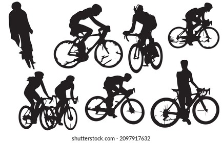 A set of bicycle cyclists riding their bikes in silhouettes vector illustration design