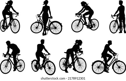 A set of bicycle cyclists riding their bikes in silhouette 