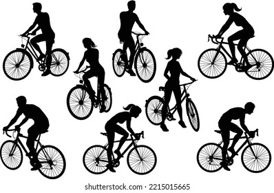 A set of bicycle cyclists riding their bikes in silhouette 