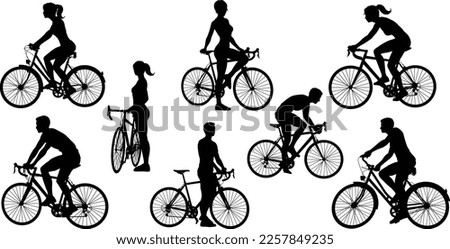 A set of bicycle cyclists riding their bikes in silhouette 