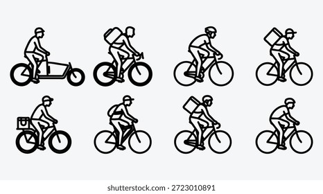 Conjunto de repartidor de bicicletas con cajas en bicicleta en varias posiciones