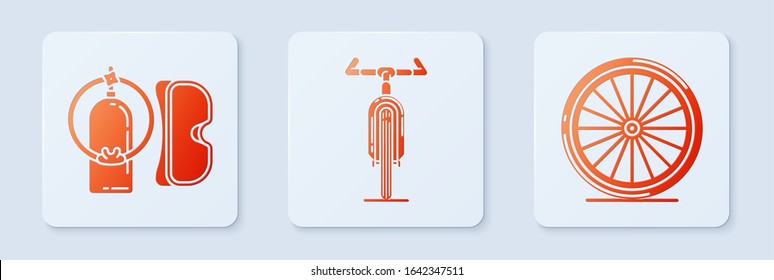 Set Bicycle, Diving mask and aqualung and Bicycle wheel. White square button. Vector
