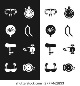 Set Bicycle fork, handlebar, Stopwatch, seat, chain with gear, bell and Sport cycling sunglasses icon. Vector