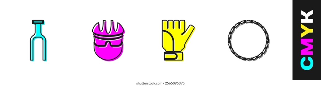 Set Bicycle fork, helmet, Gloves and wheel icon. Vector