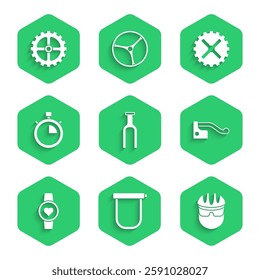 Set Bicycle fork, lock, helmet, brake, Smart watch, Stopwatch, sprocket crank and  icon. Vector