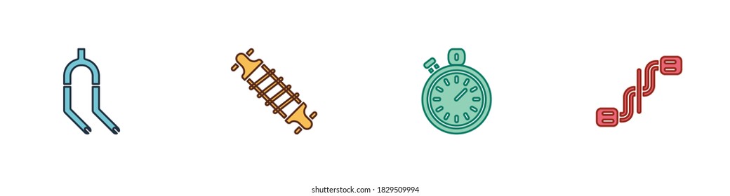 Set Bicycle fork, suspension, Stopwatch and pedals icon. Vector.