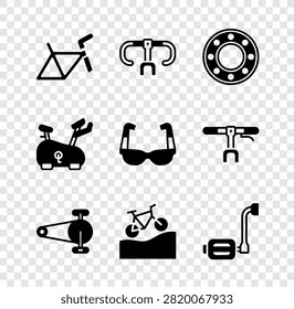 Set Bicycle frame, handlebar, ball bearing, chain with gear, Mountain bicycle, pedal, Stationary and Sport cycling sunglasses icon. Vector