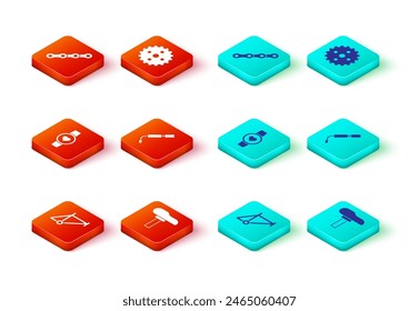 Set Bicycle frame, seat, Smart watch, air pump, sprocket crank and chain icon. Vector