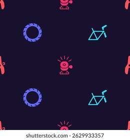 Set Bicycle frame, wheel tire, bell and seat on seamless pattern. Vector