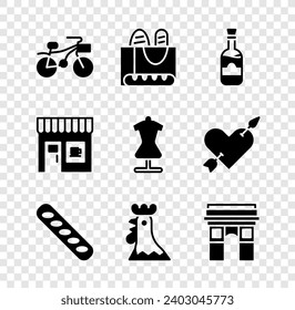 Set Bicycle, French baguette bread, Bottles of wine, rooster, Triumphal Arch, Coffee shop and Mannequin icon. Vector