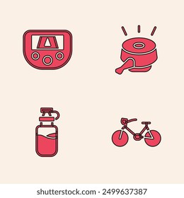 Set Bicycle, Gps device with map, bell and Sport bottle water icon. Vector