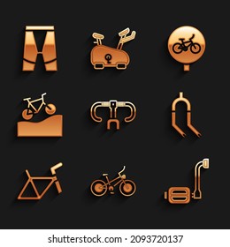 Set Bicycle handlebar, pedal, fork, frame, Mountain bicycle,  and Cycling shorts icon. Vector