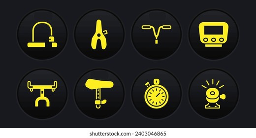 Set Bicycle handlebar, speedometer, seat, Stopwatch, bell and lock icon. Vector