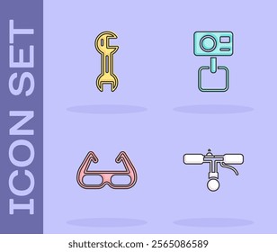 Set Bicycle handlebar, Wrench spanner, Sport cycling sunglasses and Action extreme camera icon. Vector