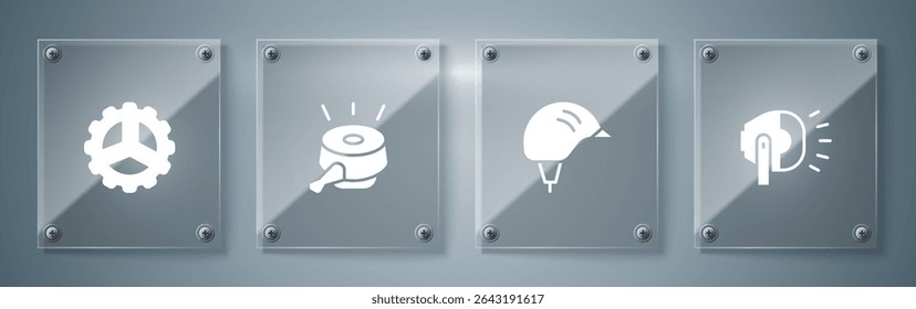 Definir lâmpada de cabeça de bicicleta, capacete, sino e roda dentada. Painéis de vidro quadrados. Vetor