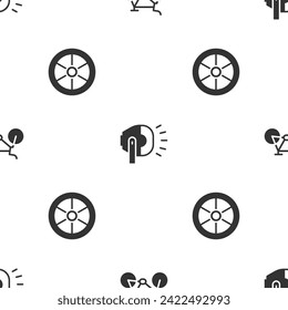 Set Bicycle, head lamp and wheel on seamless pattern. Vector