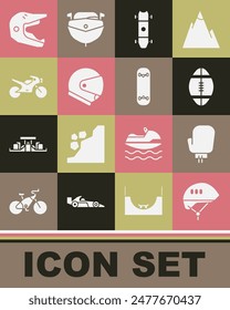 Set Bicycle helmet, Boxing glove, Rugby ball, Longboard or skateboard, Helmet, Motorcycle, Motocross motorcycle and Skateboard trick icon. Vector