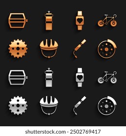 Set Bicycle helmet, brake disc, air pump, sprocket crank, Smart watch, pedal and Sport bottle with water icon. Vector