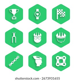 Set Bicycle helmet, chain, fork, Checkered flag and Award cup with bicycle icon. Vector