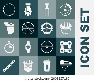 Set Bicycle helmet, chain, fork, wheel,  and sprocket crank icon. Vector