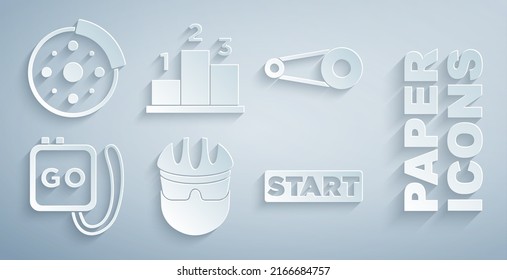 Set Bicycle helmet, chain with gear, Stopwatch, Ribbon finishing line, Award over sports winner podium and brake disc icon. Vector