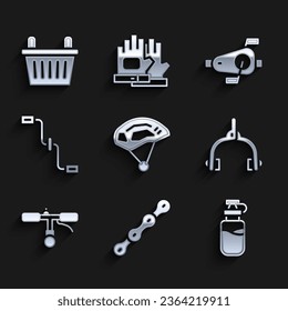 Set Bicycle helmet, chain, Sport bottle with water, brake calipers, handlebar, pedals,  and basket icon. Vector