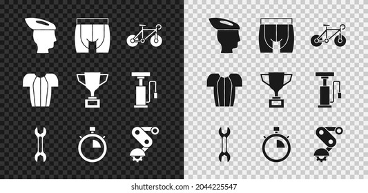 Set Bicycle helmet, Cycling shorts, Wrench spanner, Stopwatch, Derailleur bicycle rear, t-shirt and Award cup with icon. Vector