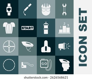Set Bicycle helmet, head lamp, Award over sports winner podium, Ribbon finishing line, Cycling t-shirt, Smart watch and Sport bottle with water icon. Vector