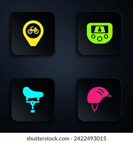 Set Bicycle helmet, Location with bicycle, seat and Gps device map. Black square button. Vector