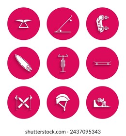 Set Bicycle, helmet, on street ramp, Skateboard, Ski and sticks, Surfboard, Knee pads and Hang glider icon. Vector