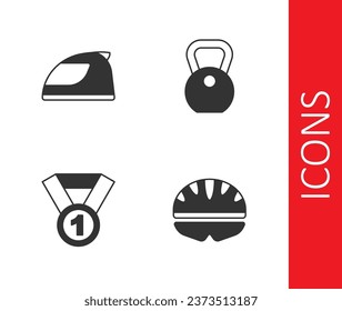 Set Bicycle helmet, Racing, Medal and Weight icon. Vector