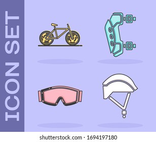 Set Bicycle helmet, Bicycle, Ski goggles and Knee pads icon. Vector