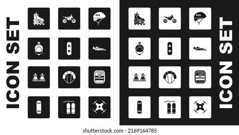 Set Bicycle helmet, Snowboard, Helmet and action camera, Roller skate, Formula 1 racing car, Mountain bike, First aid kit and  icon. Vector