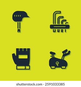 Set Bicycle helmet, Stationary bicycle, Gloves and Tool allen keys icon. Vector